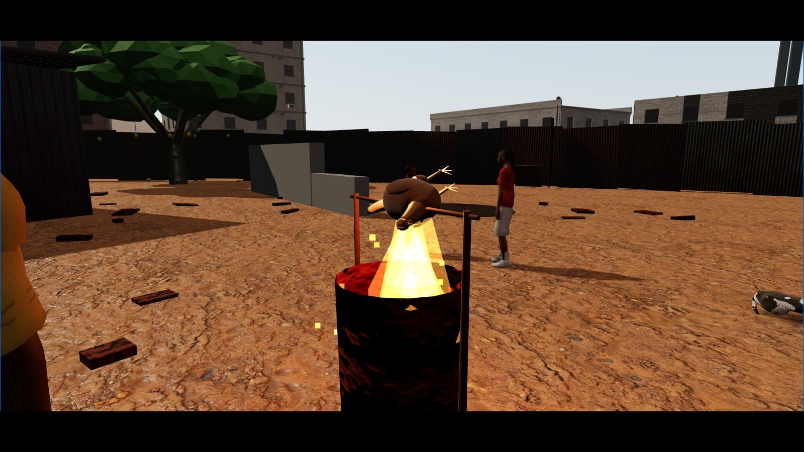 Roasting the chicken on a spit over the fire barrel, as a short cutscene.