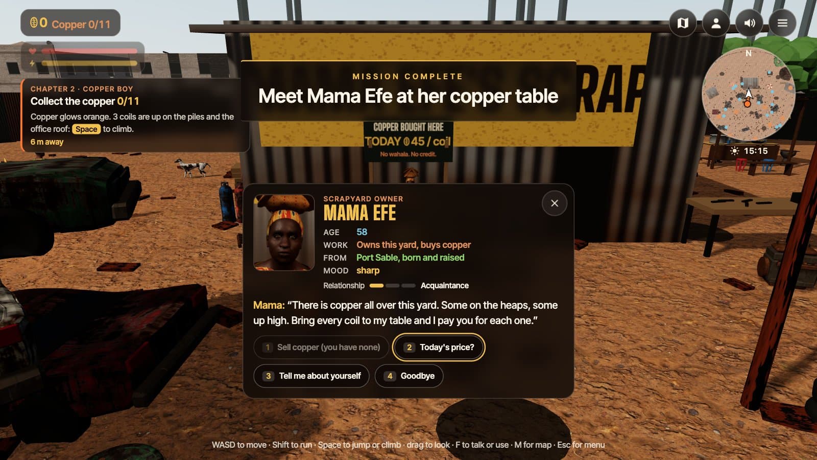 Talking to Mama Efe. Every townsperson has a portrait, a job, a mood and a relationship meter, and finishing a step fires a mission banner.