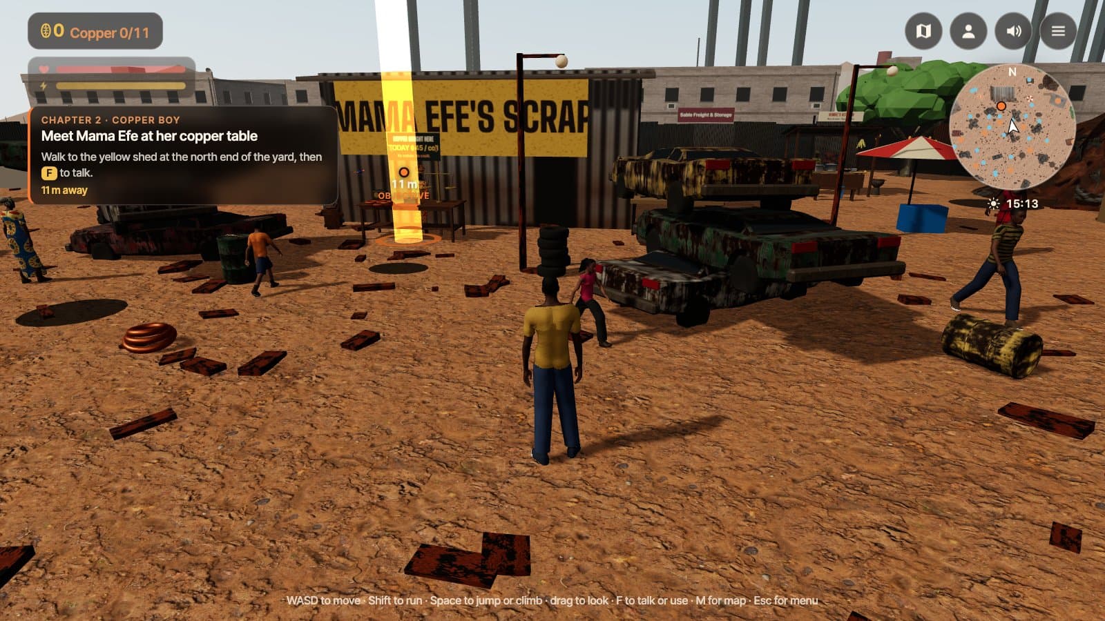 Collecting copper in the scrapyard: shillings and copper counter, health and stamina bars, an objective card with distance, and a minimap.